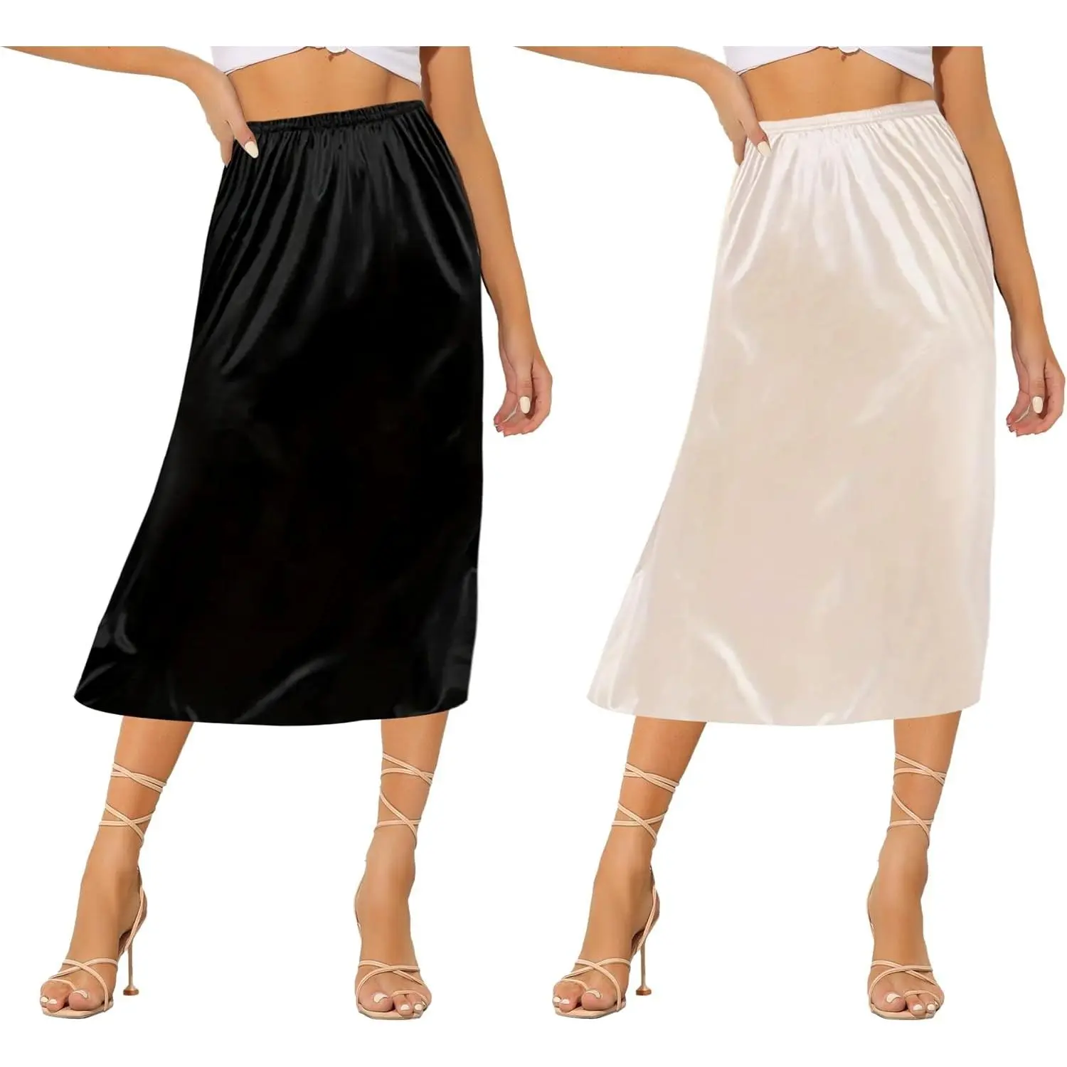 Women's 2 Pieces Half Slips for Under Dresses Satin Long Underskirt Half Slip Shirt Skirt Extender