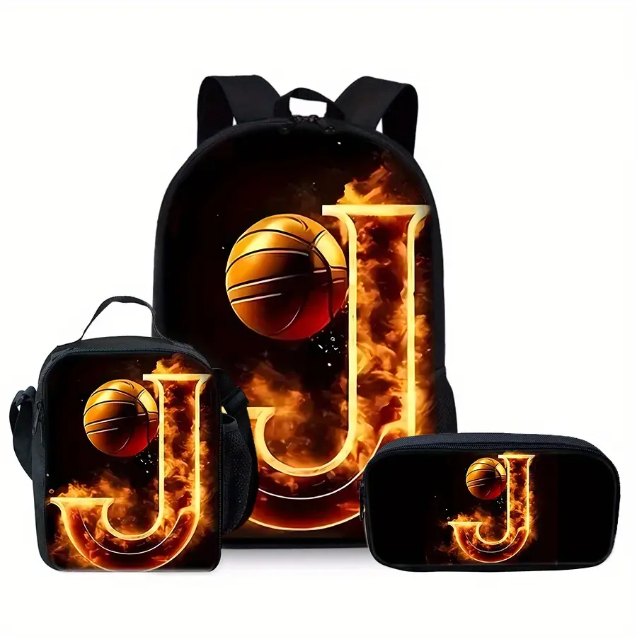 Flame Letter J Basketball Backpack, Black Sports School Bookbag with Padded Shoulder Straps, Top Handle and Side Mesh Pockets for Kids, Teens and Students