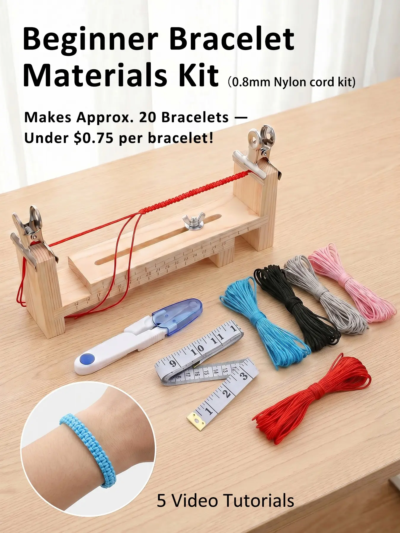 5-Color Braided Bracelet Kit, DIY Craft Supplies, Includes Tools for 20 Finished Bracelets, 5 HD Video Tutorials, Ideal for Beginners