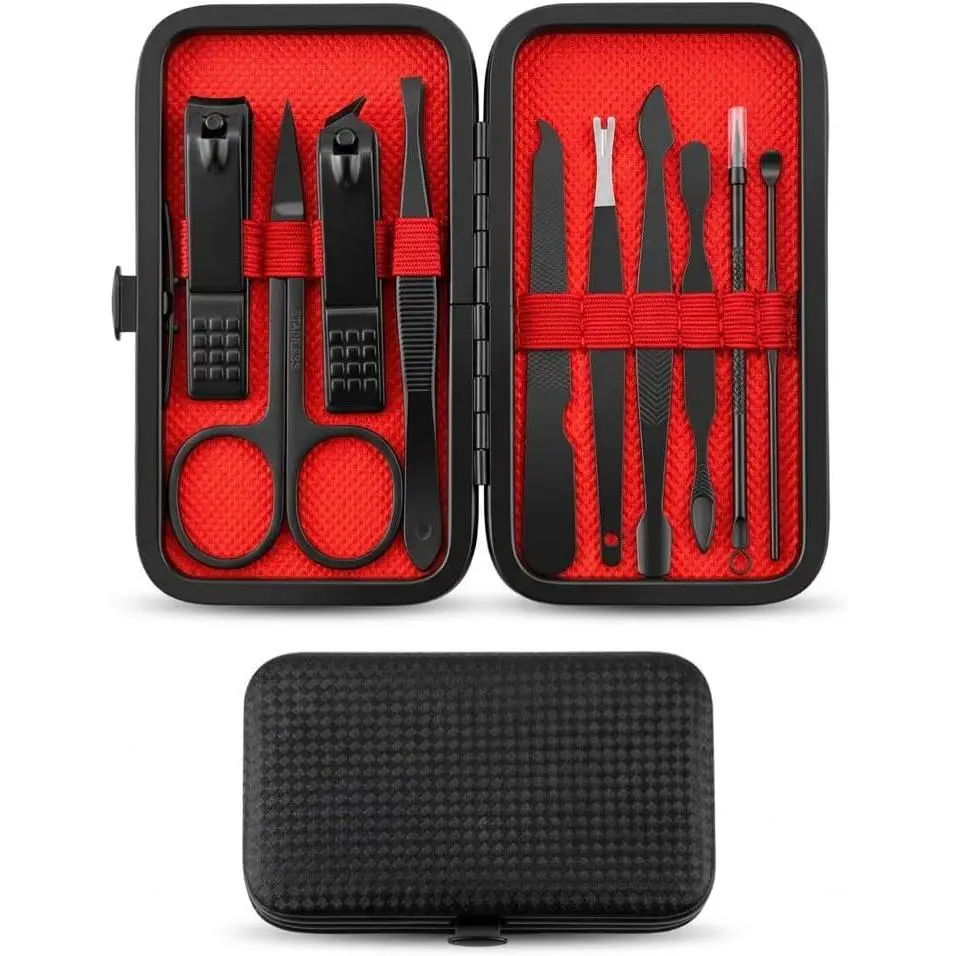 Professional Manicure & Pedicure Kit – 10 Pieces Nail Care Kit, 100% Stainless Steel Nail Grooming Kit & Nail Clipper Kit for Men and Women with Travel Case