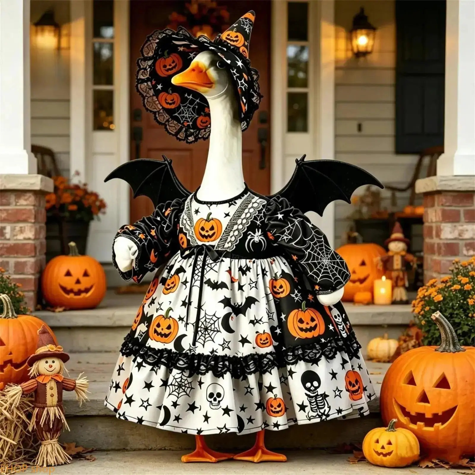 Pumpkin Skull Bat Print Figurine Costume With Matching Hat Wing Accessory Spooky Halloween Dress Up Kit For Outdoor Lawn Patio Porch Yard Seasonal Holiday Display Ornament