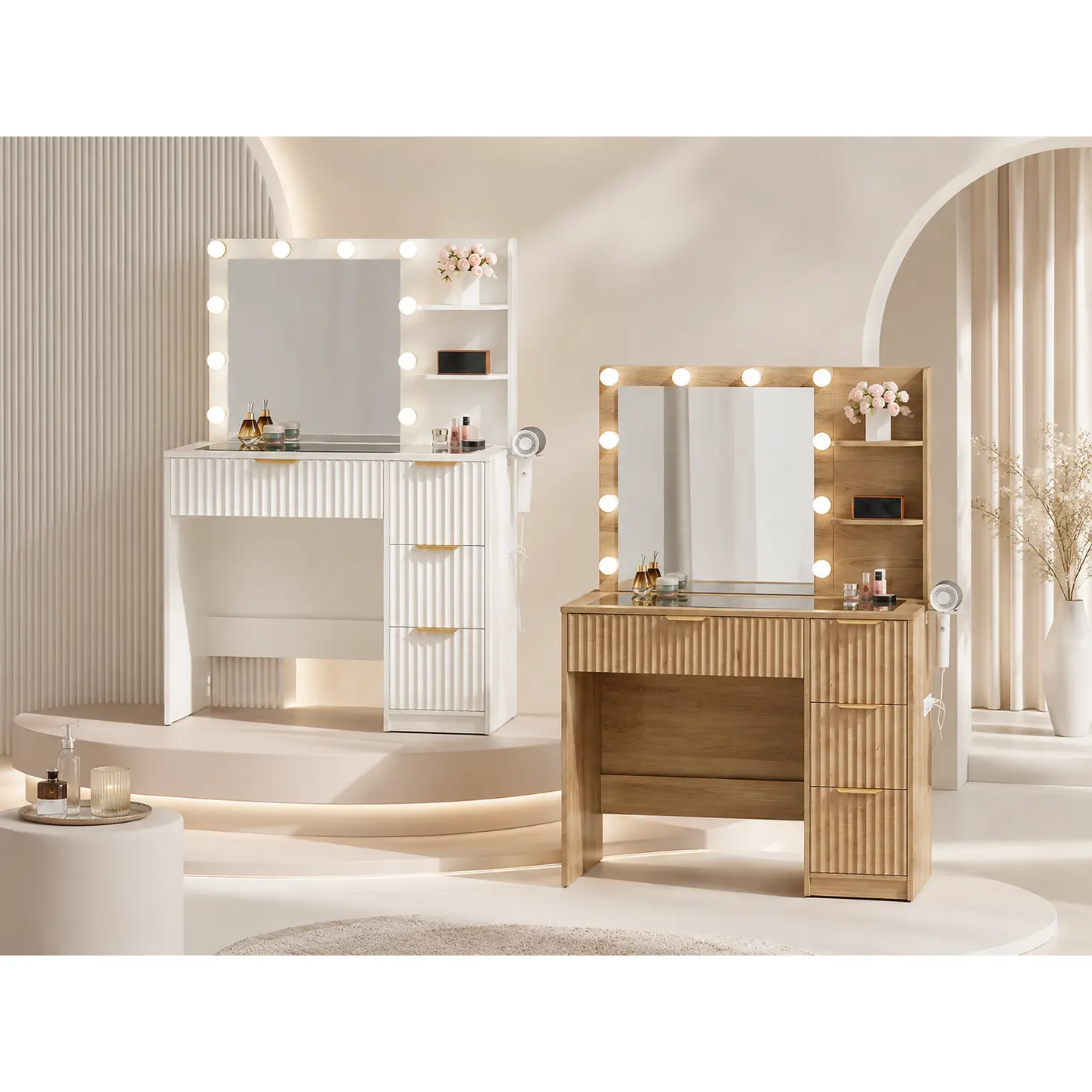 36.2" Natural Oak Fluted Vanity Desk With Adjustable LED Mirror, Large Glass Top Makeup Vanity With 4 Drawers & Charging Station For Bedroom Dorm, Ideal For Women Girls