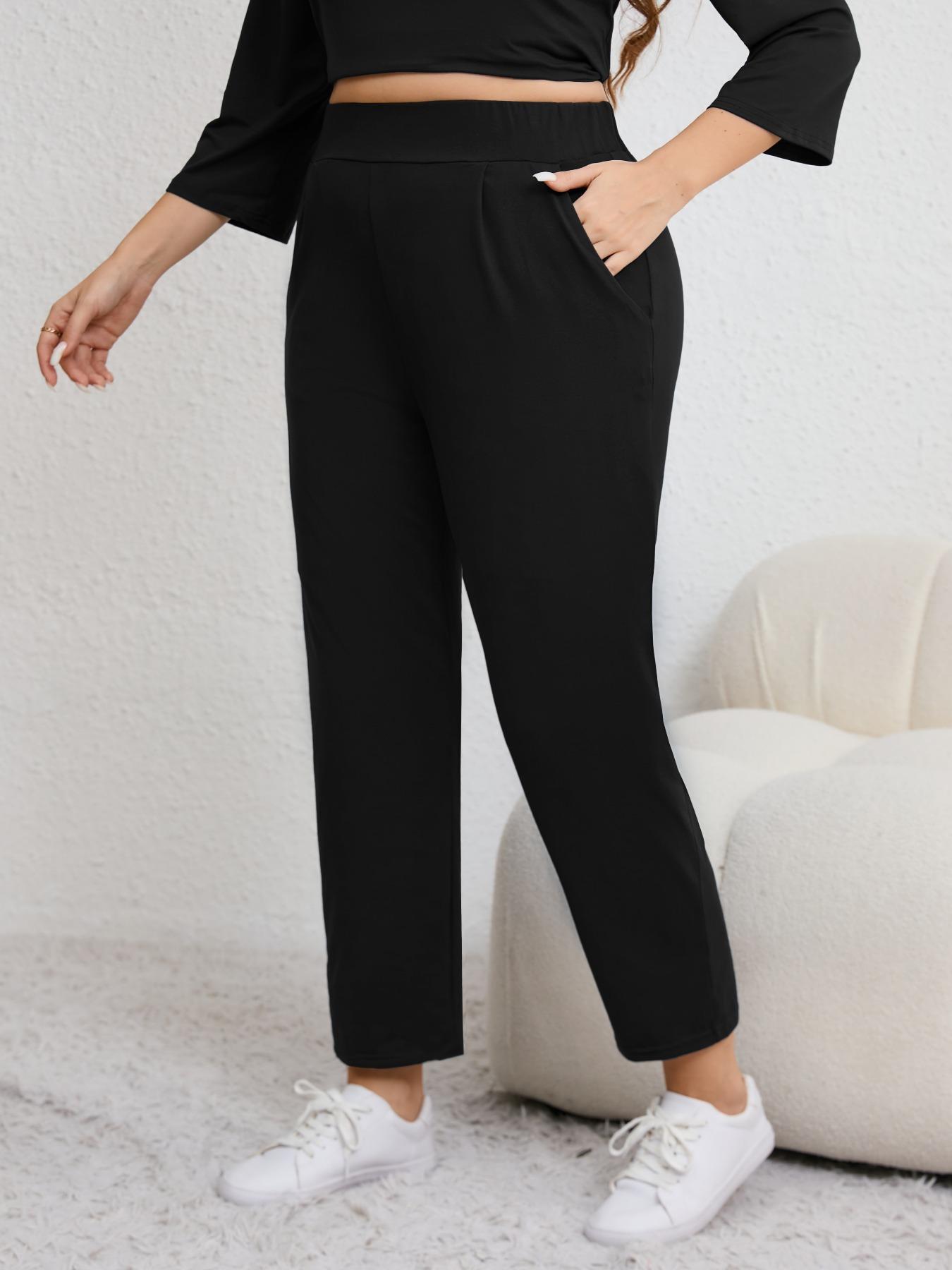 Plus Size Solid Plicated Pocket Elastic Waist Joggers, Casual Sporty High Waist Trousers for Women, Women's Sportswear for Indoor Outdoor Wear, Women Workout Clothes, Fitness Trousers