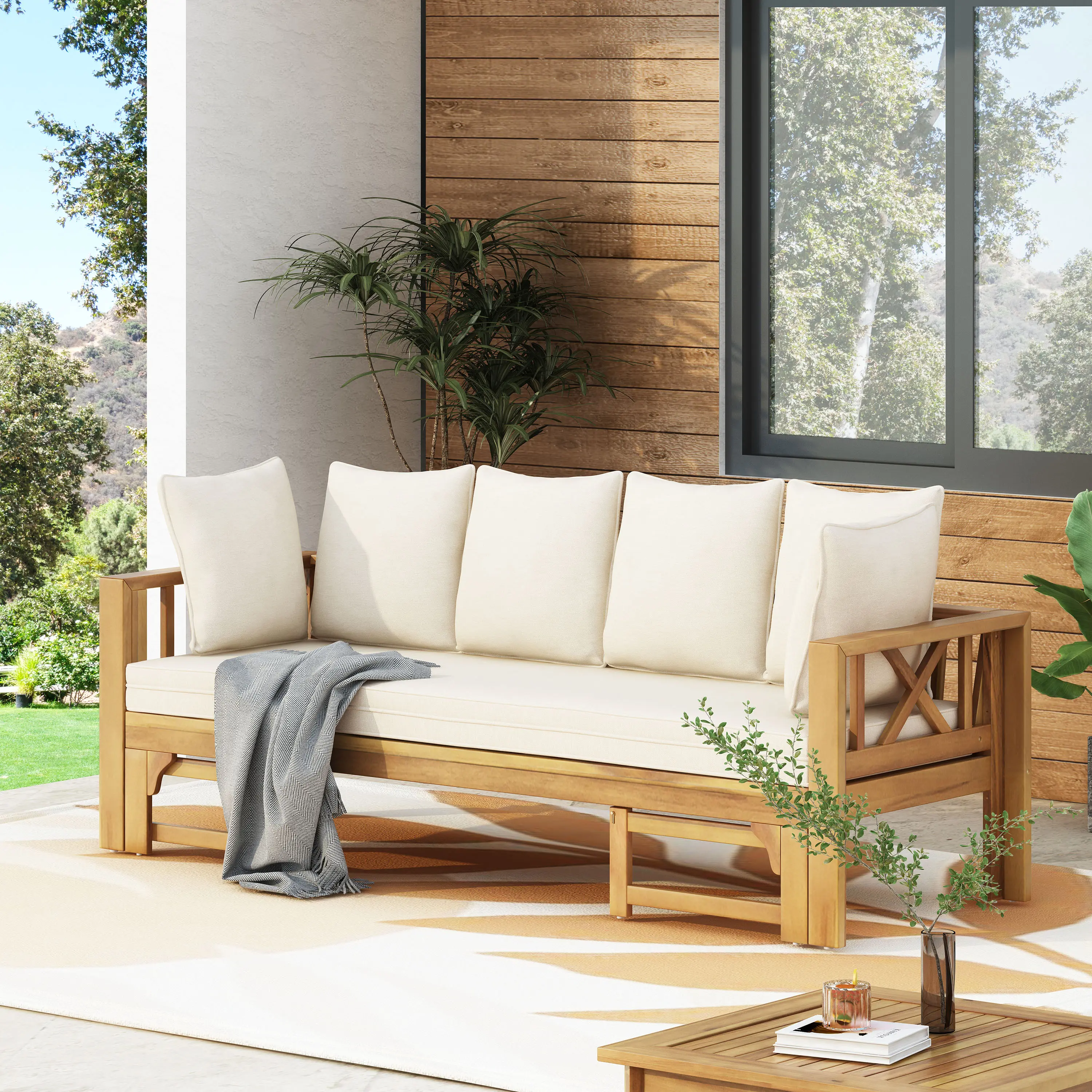 Nokaa Outdoor Extendable Acacia Wood 3-Seater Sofa Daybed with Water-Resistant Cushions, Convertible Patio Couch Lounger for Garden Yard, Teak Finish, 78.5"W x 26"D x 24.25"H, Expands to 47"D, Rustic X-Frame Design, Full Size Options