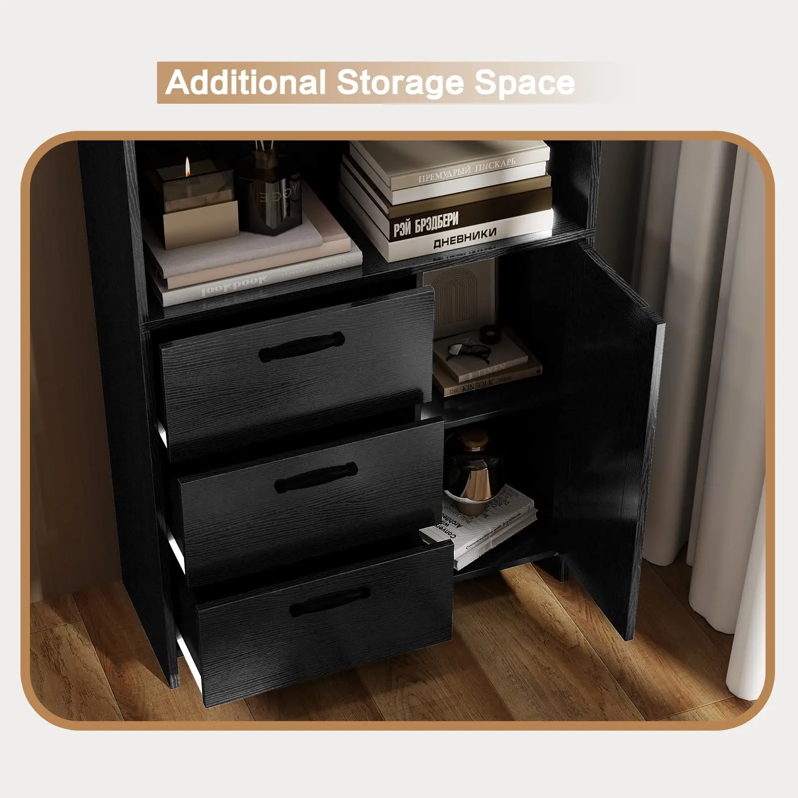 Modern Tall Bookcase with 3 Drawers and Door - 3-Tier Open Shelves - Wooden Storage Cabinet Organizer for Home Office Furniture