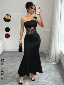 Women's single-shoulder metallic flower fish-tail gown, featuring a one-sided off-shoulder design, waist and belly lace applique figure-hugging evening dress, with a chic and elegant mature style. Perfect for weddings, parties, and formal guest attire