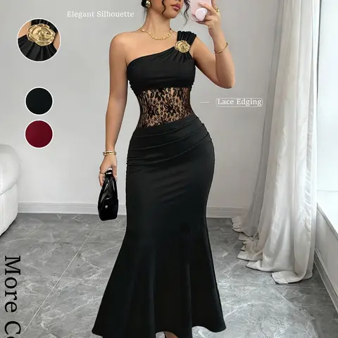 Women's single-shoulder metallic flower fishtail gown, featuring a one-sided off-shoulder design, waist and belly lace applique figure-hugging evening dress, Evening wear, with a mature style, perfect for weddings, parties, and formal guest attire