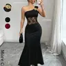 Women's single-shoulder metallic flower fishtail gown, featuring a one-sided off-shoulder design, waist and belly lace applique figure-hugging evening dress, Evening wear, with a mature style, perfect for weddings, parties, and formal guest attire