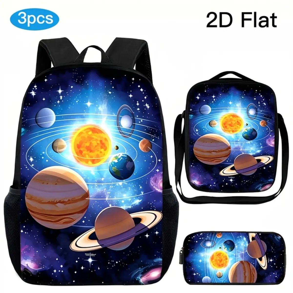 3pcs Unisex Backpack Set, Dreamy Starry Sky Style, Solar System Planets, 2D Printed Pattern, Adjustable Shoulder Straps, Zipper Closure, Multifunctional Backpack, Crossbody Bag, And Pencil Case. Suitable for School, Travel, Camping, And an Essential