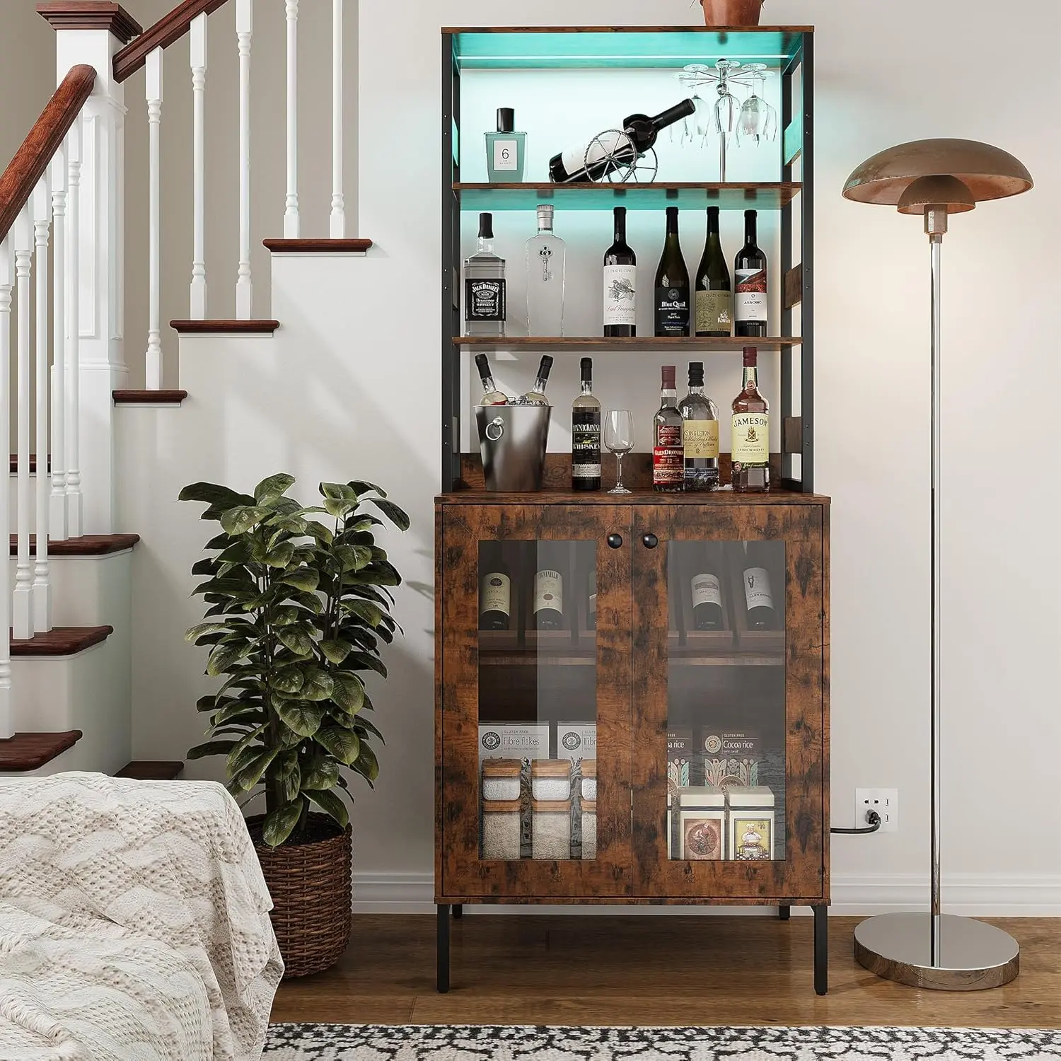 67 Inch Farmhouse Bakers Rack with Charging Station and LED Lights, Kitchen Coffee Bar Cabinet with Adjustable Shelves and Upper Hutch, Heavy-Duty Metal & MDF Microwave Stand Liquor Storage Cabinet for Kitchen, Dining Room, Living Room and Study