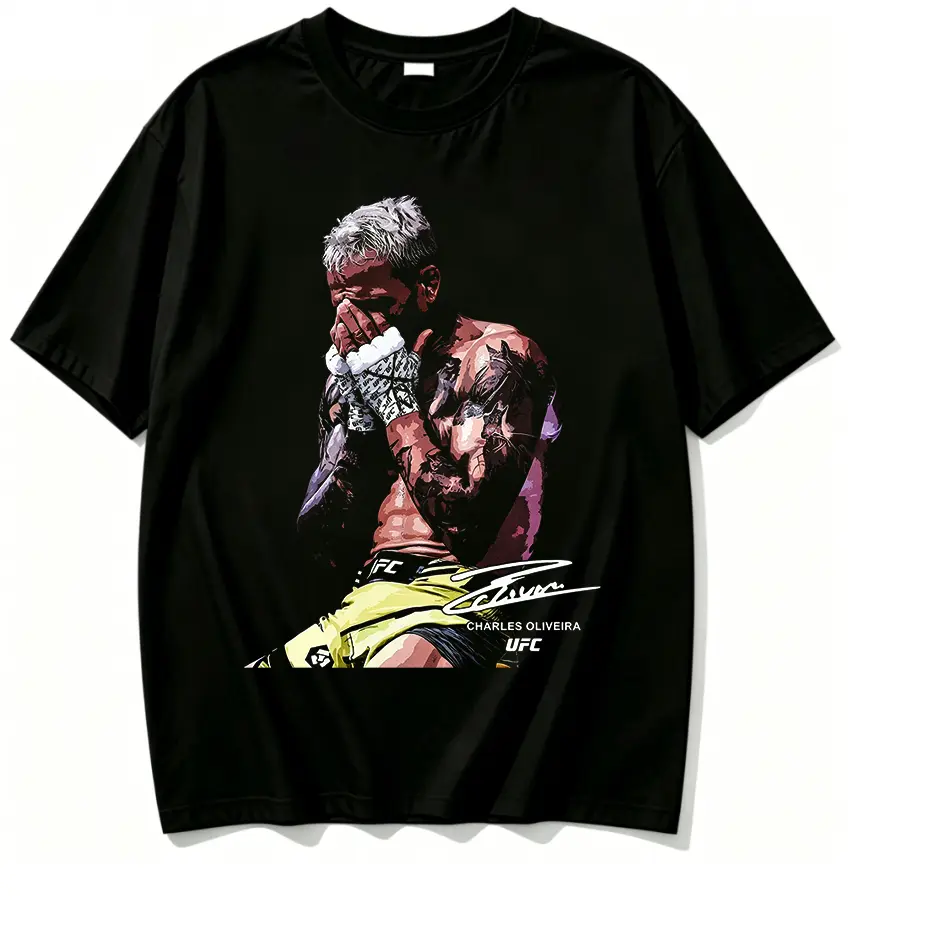 100% Cotton UFC Charles Oliveira Tattooed Fighter Hand Wrapped Gloves Emotional Portrait Signature Graphic T Shirt Color Pop Art MMA Legend Print Soft Breathable Cotton Short Sleeve Martial Arts Fight Fan Streetwear Black Tee