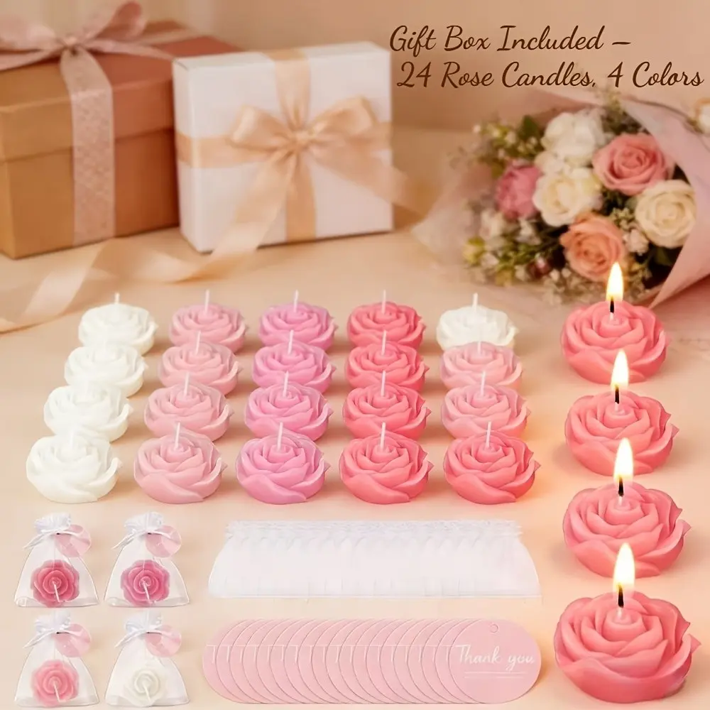 24pcs Flower Candles Wedding Favor for Guests Mini Pink Champagne Rose Shaped Candles for Return Gift Wedding Birthday Bridal Shower Housewarming Party