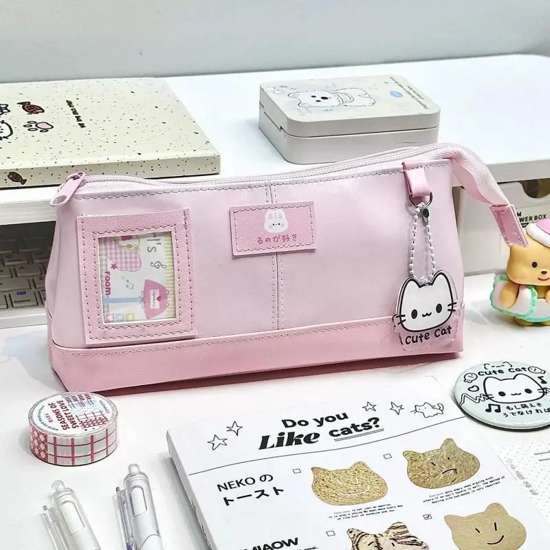 Kawaii Korean Style Pink Rabbit PU Pencil Case, Large Capacity Cute Cartoon High Aesthetic Stationery Bag, Waterproof Durable Pencil Holder for Students Office Supplies, Classroom Supplies