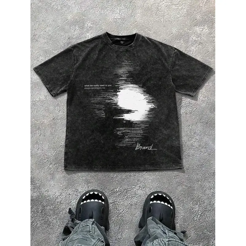 PAVTROS Manfinity Streetrush Men's Blurred Print Snow-Washed Cotton Short Sleeve Top - Dark Grey Round Neck Graphic Tee, Summer Streetwear, Machine Washable City Break T-Shirt, Short Sleeve Tops