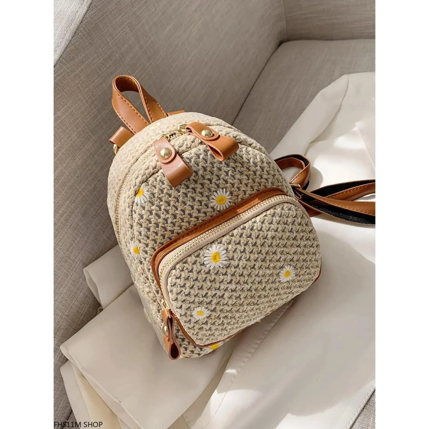 Color Blocked Backpack Purse - Flower Decorated, Braided Design, Zippered, Casual Fashion Backpack for Daily & Travel Use, Color Blocked Backpacks