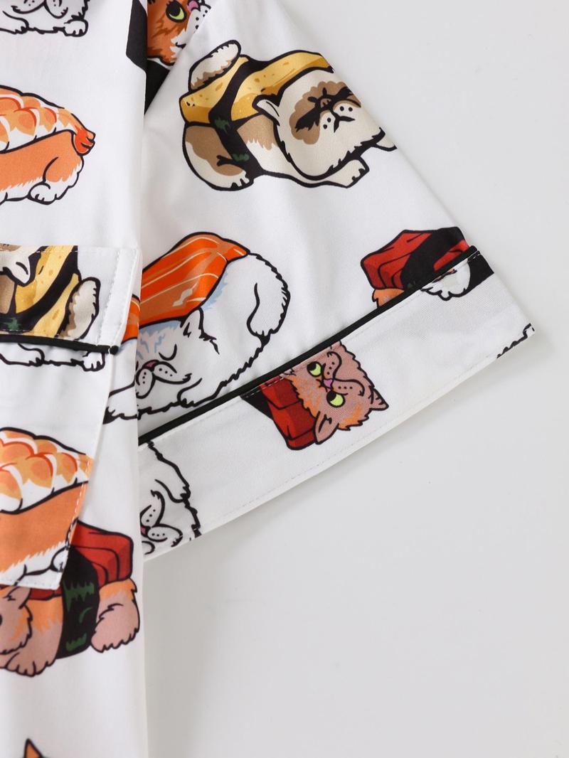 Women's All Over Cartoon Cat Print Short Sleeve Pajama Two-Piece Set, Regular Fit Casual Comfy Shortsleeve Button Front Chest Pocket Design Lapel Neck Top & Elastic Waist Shorts PJ Set, Ladies Sleepwear for All Seasons