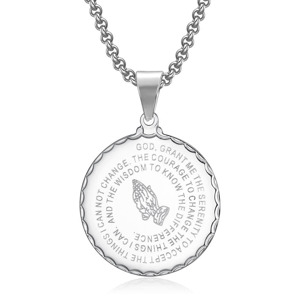 Retro Hip Hop Prayer Hand Pattern Round Pendant Stainless Steel Men's Necklace Jewelry