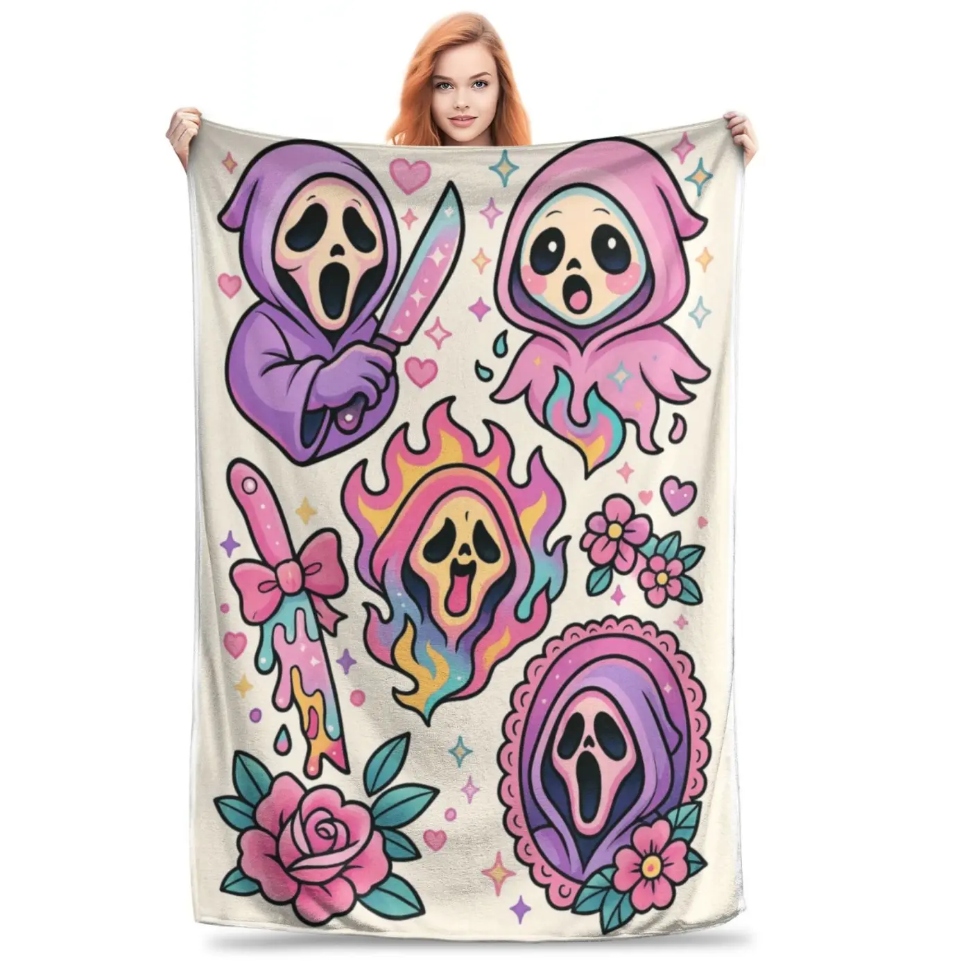 Pastel Ghost Face Floral Flannel Throw Blanket Cute Pink Purple Tattoo Style Scream Ghost Rose Print Soft Lightweight Warm Blanket For Sofa Bed Dorm Halloween Gothic Home Decor Birthday Holiday Gift For Horror Movie Fans Teen Girls Women
