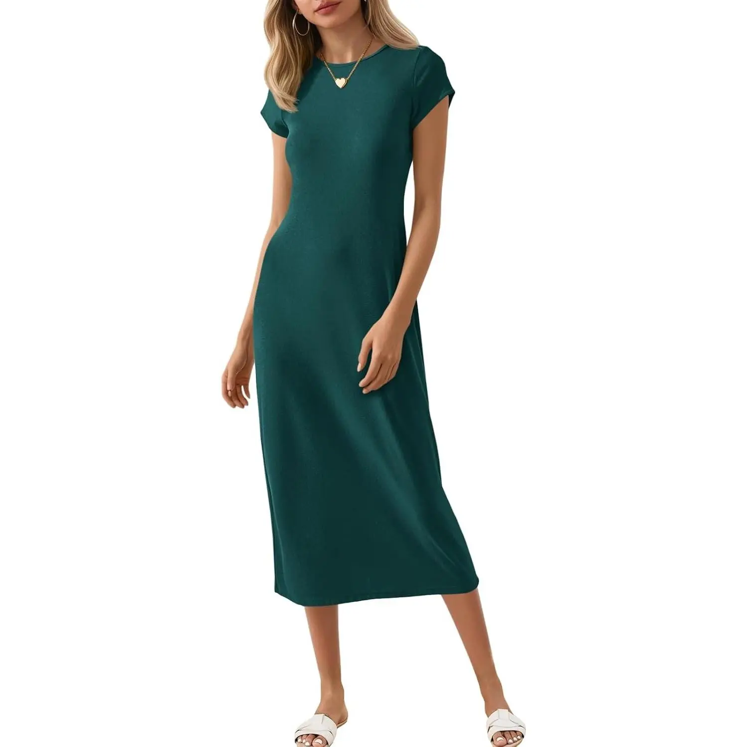 Women's Short Sleeve T-Shirt Dress Summer Crew Neck Basic Solid Casual Long Midi Dresses