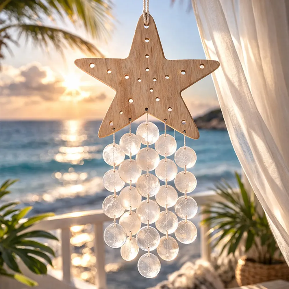 Star-Shaped Wind Chime Hanging Decor, Bohemian Coastal Light Catcher, Nautical Beaded Pendant, Beach Wall Window Hang, Home Decor