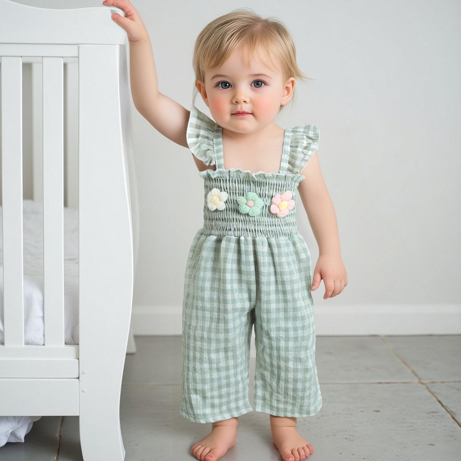 Toddler Baby Girl Summer Outfits Ruffle Sleeveless Plaid Gingham Floral Embroidery Jumpsuit Suspender Wide Leg Pants