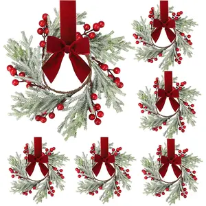 6 Pcs Mini Christmas Wreath 11.81" Christmas Kitchen Cabinet Wreaths with Red Bow Artificial Berry Norfolk Pine Hanging Wreath Xmas Holiday Front Door Window Wall Home Party Decorations