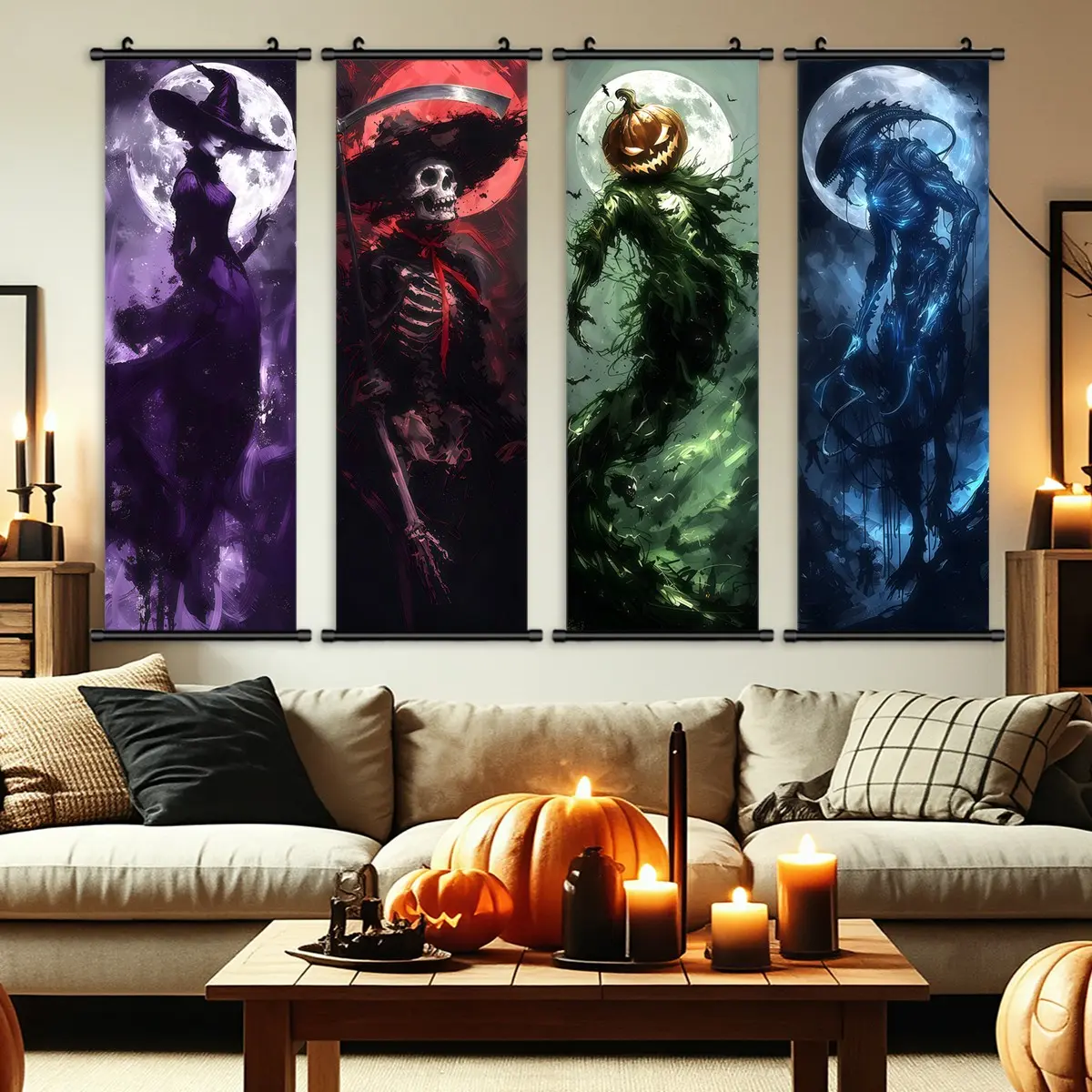 4 Count Halloween hanging pictures, purple moon witch skeleton scarecrow alien Halloween poster, Halloween decoration, retro horror theme, fun atmosphere, suitable for garden party, bedroom living room decoration, holiday gift box, tastless, waterproof