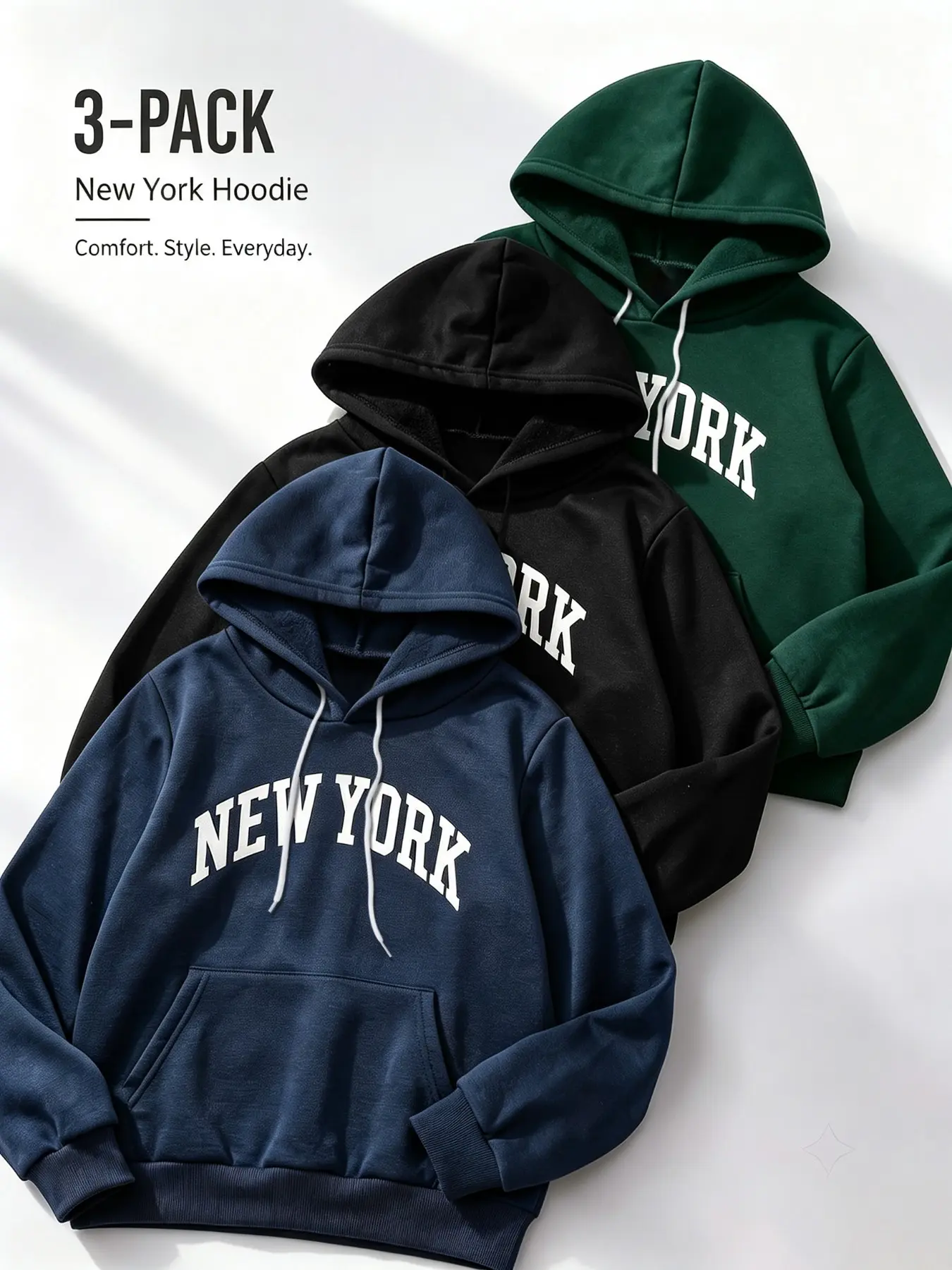 3-Pack Men's New York Letter Print Hoodie Set, Casual Long Sleeve Pullover, Loose-Fit Fall & Winter Apparel, Graphic Pattern