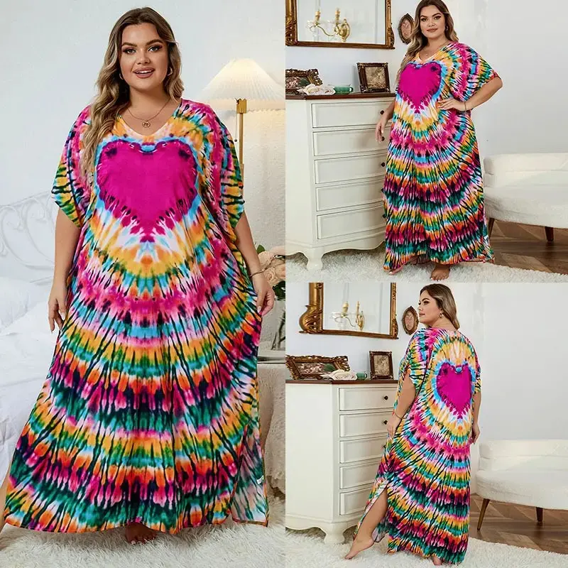 【Plus Size】 Women's All Over Print Batwing Sleeve V Neck Dress, Muumuu Dress, Boho Casual Half Sleeve Long Dress for Daily Holiday Vacation Wear, Lady Summer Maxi Clothing, Birthday Clothes for Women Black Girl Outfits Utah Girl Fits, Womenswear