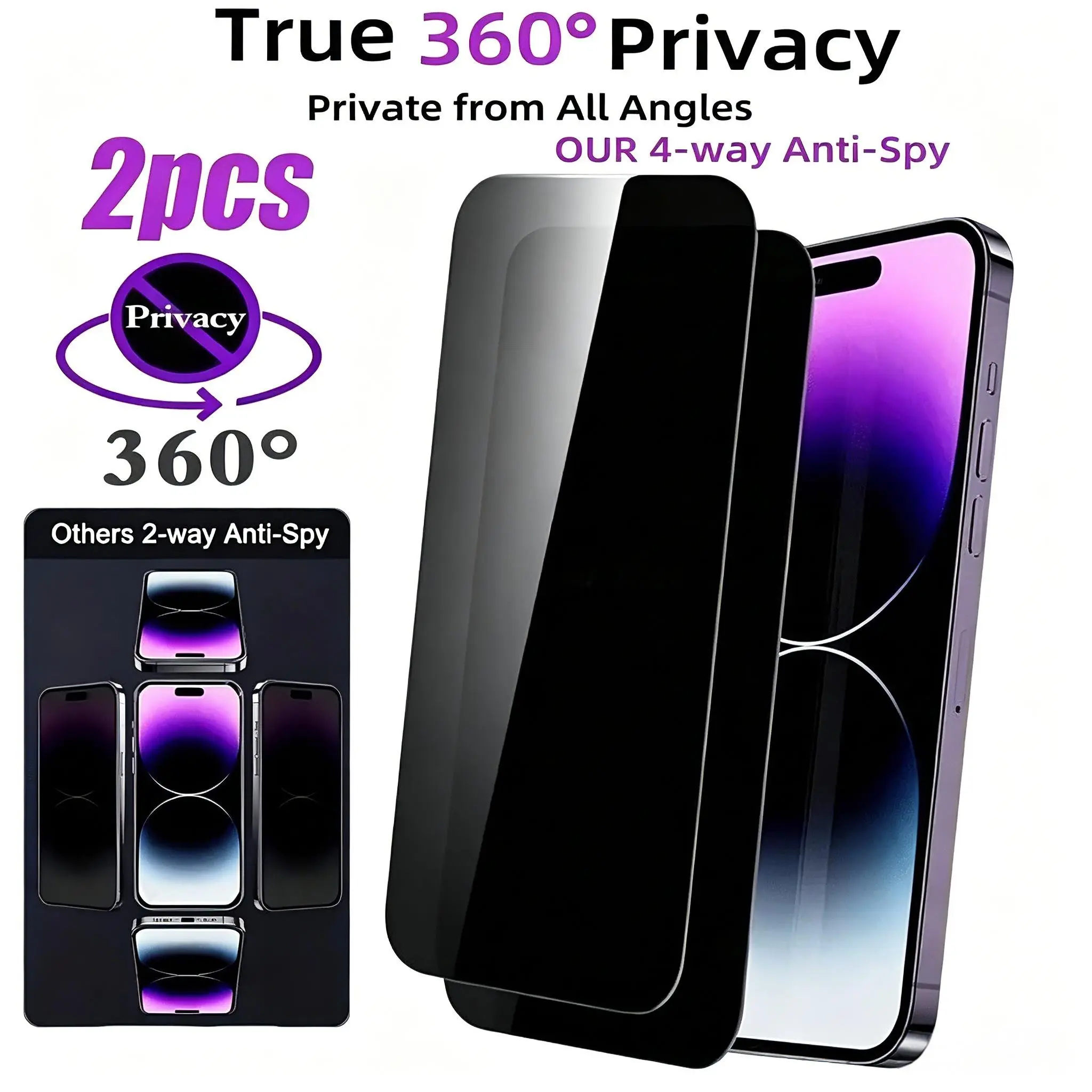 2-Pack, 360 Privacy Protection 360-Degree Full Coverage Privacy Screen Protector, Privacy Screen Guard, Suitable for iPhone 17 Pro Mx/16/15 Plus/14/13/12/11 Series, Anti-Scratch Privacy Tempered Glass Film Accessories. Supports Face ID Recognition