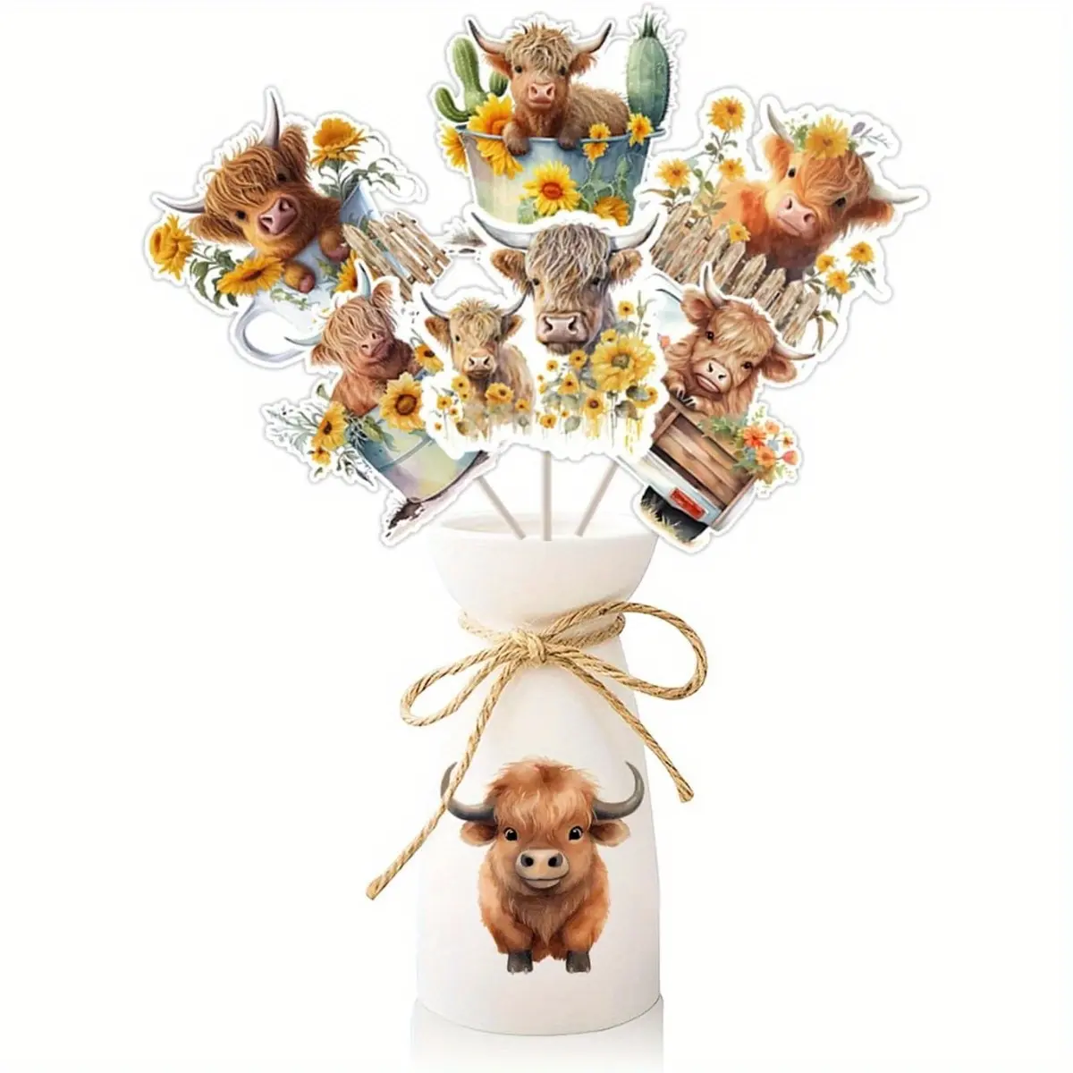 24-Piece Country Rustic Highland Cow Centerpiece Stick Set - Irregular Paper Card Farm Table Decoration for Happy Birthday Parties, Kid Room Western Theme Events, Paper Cards