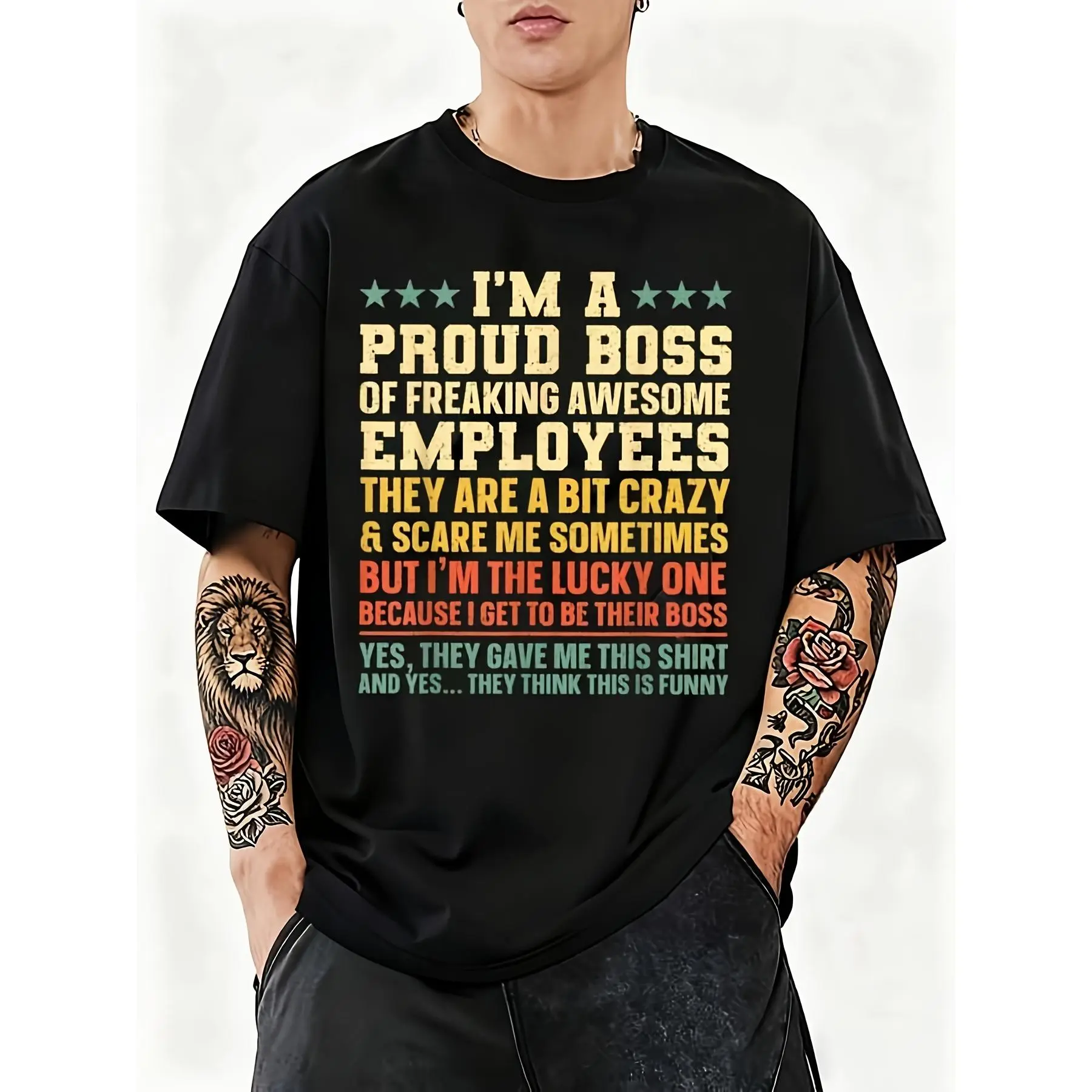 Funny Boss TShirt for Men Unisex Proud Boss of Freaking Awesome Employees Humorous Work Apparel Boss's Day Gift Short Sleeve Round Neck Casual Office Tee with Funny Coworker Sayings MachRetro Casual Short-sleeved T-shirStreetwear Menswear Basic Print Soft