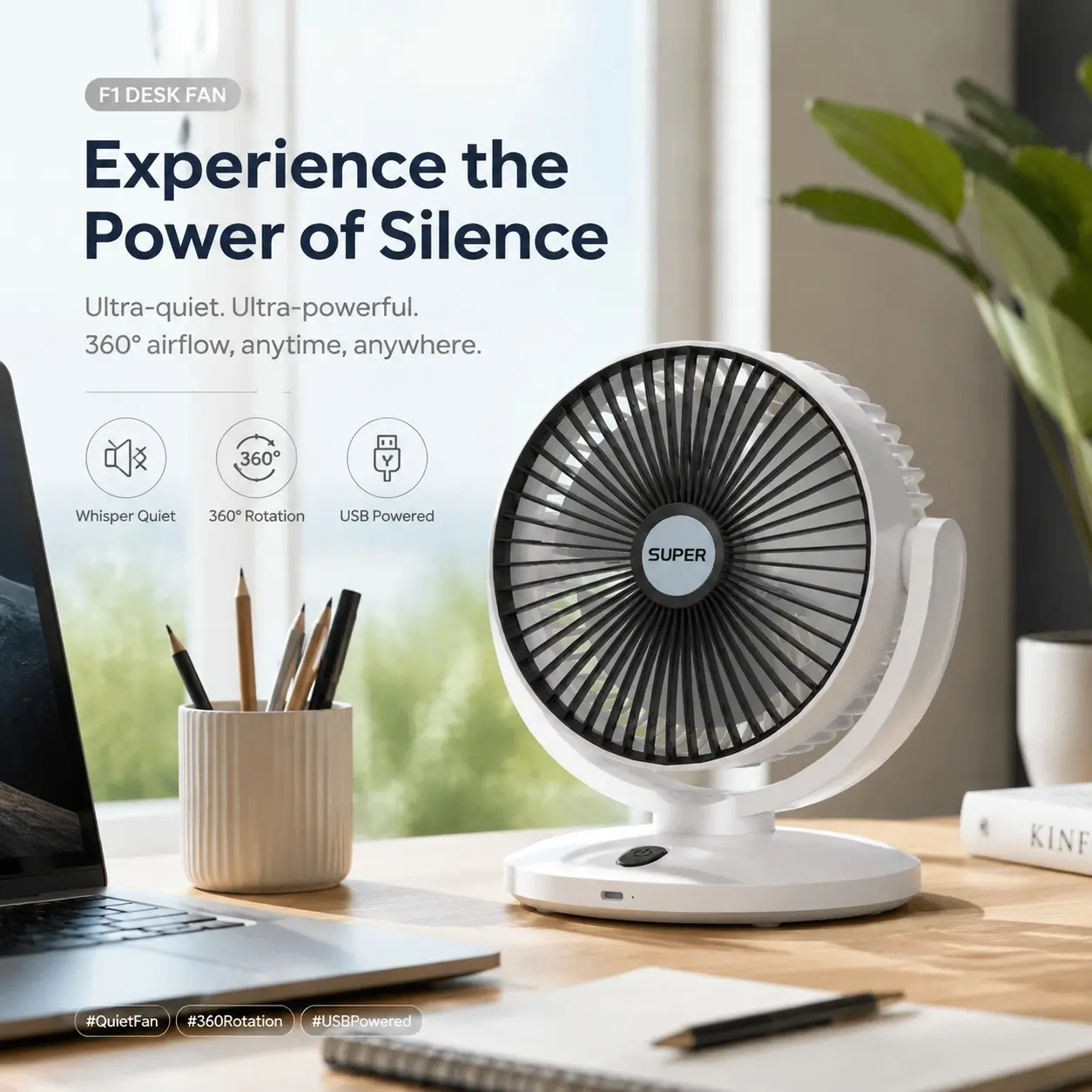 Quiet Powerful Fan, F1 Portable Desktop Fan for Home Office, Personal Fan, Abs Material, 360° Rotation, Multiple Speeds, USB Powered, Modern Design