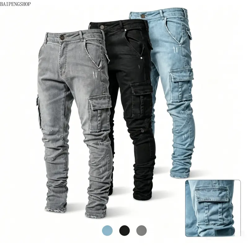 Men's Slim-Fitting Washed Denim Cargo Jeans - Stretch Pocketed Denim, Distressed Look, Lightweight, Ankle-Length Raw Hem, Soft Durable Utility Trousers for Daily Wear, Urban Streetwear Menswear Bottoms, Straight Leg, Stretch Utility, Casual