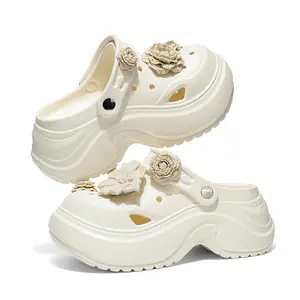 Women's Platform Clogs with 3D Flower Charms, Summer EVA Thick Sole Non-Slip Convertible Indoor Outdoor Beach Sandals