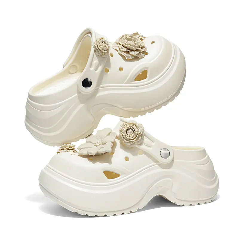 Women's Platform Clogs with 3D Flower Charms, Summer EVA Thick Sole Non-Slip Convertible Indoor Outdoor Beach Sandals