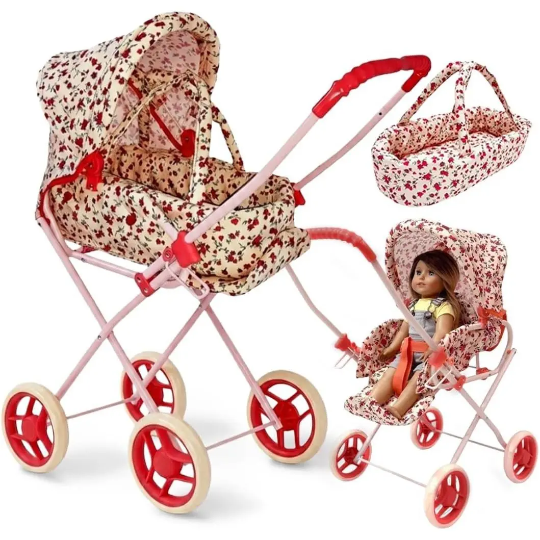 3-in-1 Doll Stroller Play Set with Removable Bassinet Baby Carriage, Toy Doll Stroller for 3-4 Years Old Toddlers, (Floral)