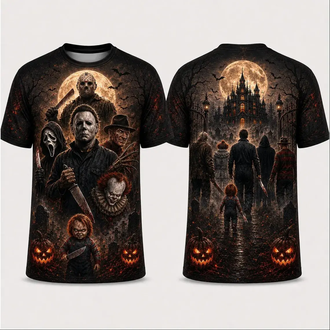Halloween All Over Print Shirt Horror Doll Pumpkin Knife Haunted House 3D Tee Gift For Him, Horror Fans, Halloween Outfits