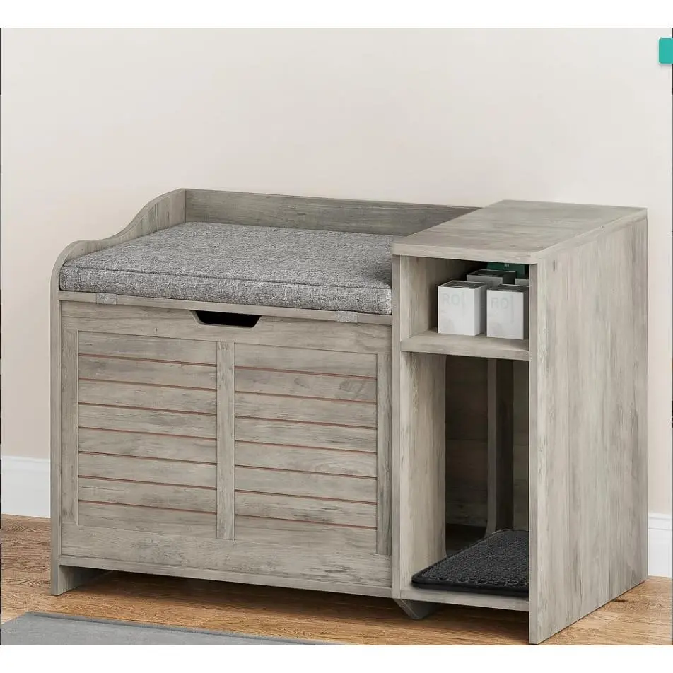 Garvee Cat Litter Box Enclosure Furniture, Hidden Cat Litter Box Cabinet with Top & Side Entry Doors, Removable Cushion for Cat Bed, Storage Shelf for Odor Control, Fits Litter Box Up to 22" (Grey)