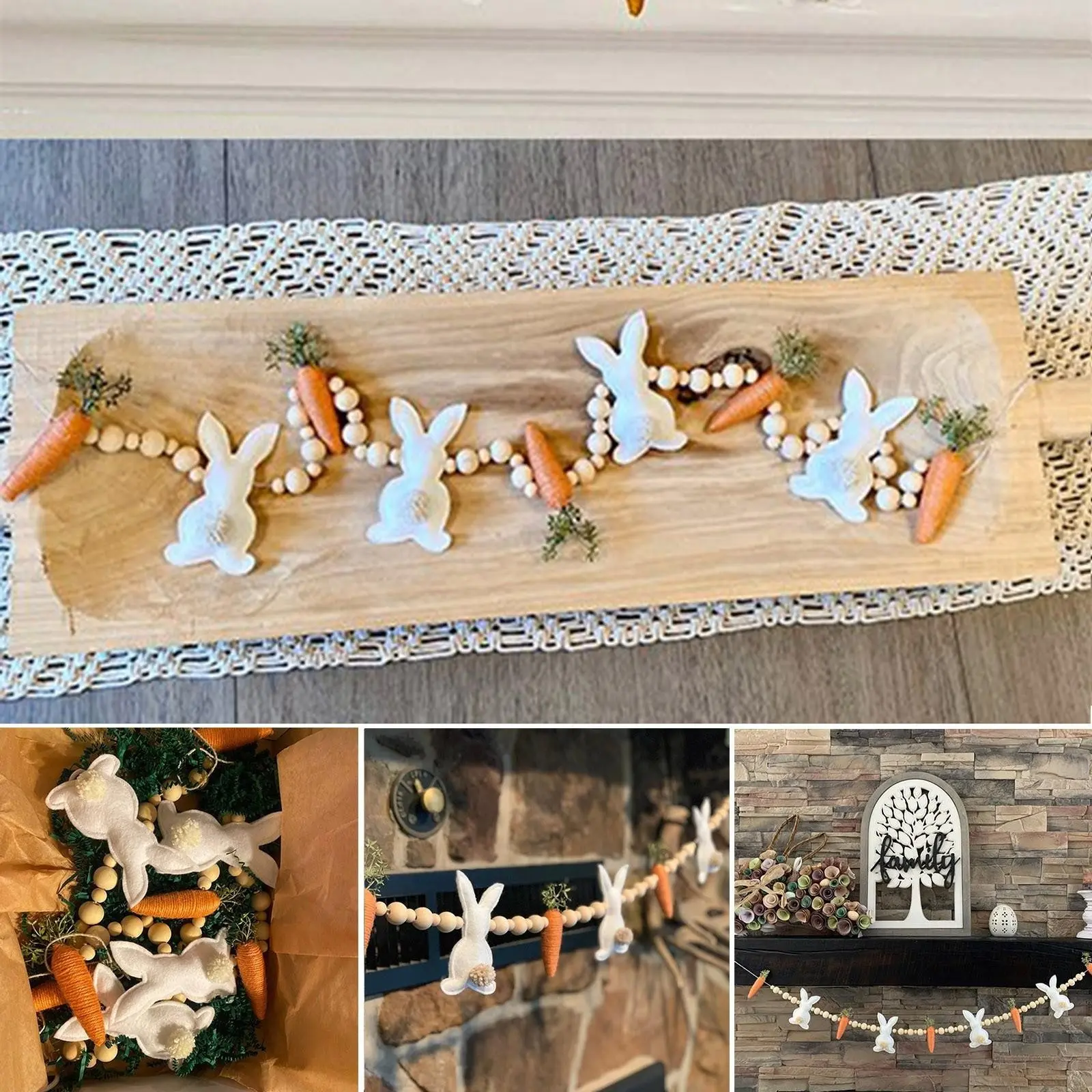 Easter Felt Rabbit Carrot Wooden Bead Wreath, Farmhouse Style Easter Decor, Suitable for Tiered Trays, Fireplace Shelves, Wall Home Decoration