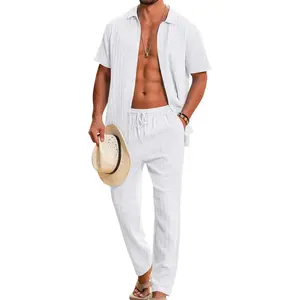 LecGee Mens 2 Piece Outfits Textured Short Sleeve Button Down Shirts and Matching Loose Pants Beach Party Suits