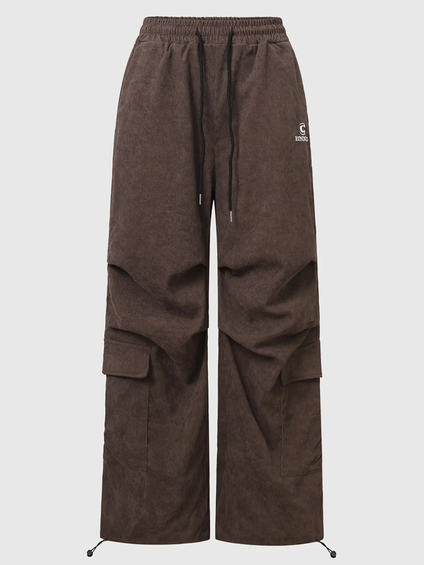 Women's Brown Cargo Wide Leg Pants | Elastic High Waist Drawstring Ruched Knee Side Flap Pockets Adjustable Hem | Baggy Streetwear Casual Trousers for Women