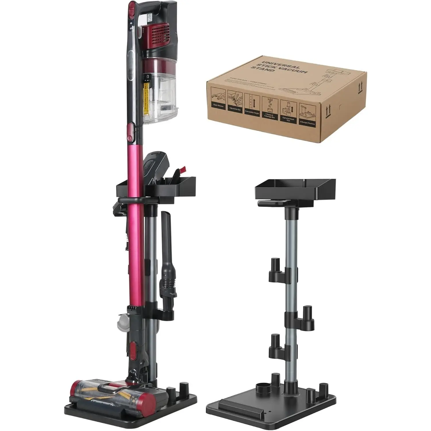 Cordless Vacuum Stand, Adjustable Height, 7 Accessory Holders, Storage Box, Vac Standing Dock Compatible with Stick Vacuum Cleaners (Max. 1 4/5" Vac Wand)