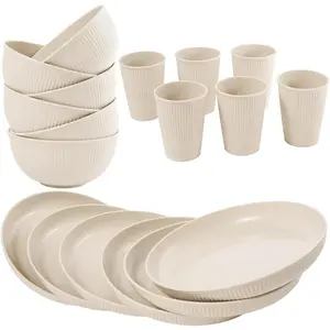 Father's Day Gift |   36-Piece Wheat Straw Dinnerware Set for 6, Unbreakable Reusable Plates Bowls Cups & Cutlery, Microwave & Dishwasher Safe Portable Dishes for Patio, RV, Camping & Outdoor Use