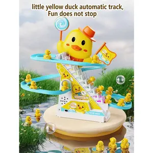 Children Electric Duck Climbing Stairs Toy, Interactive Music Light-Up Track Slide, Educational Small Yellow Duck Roller Coaster Toy for Toddlers Boys Girls Festival Gift