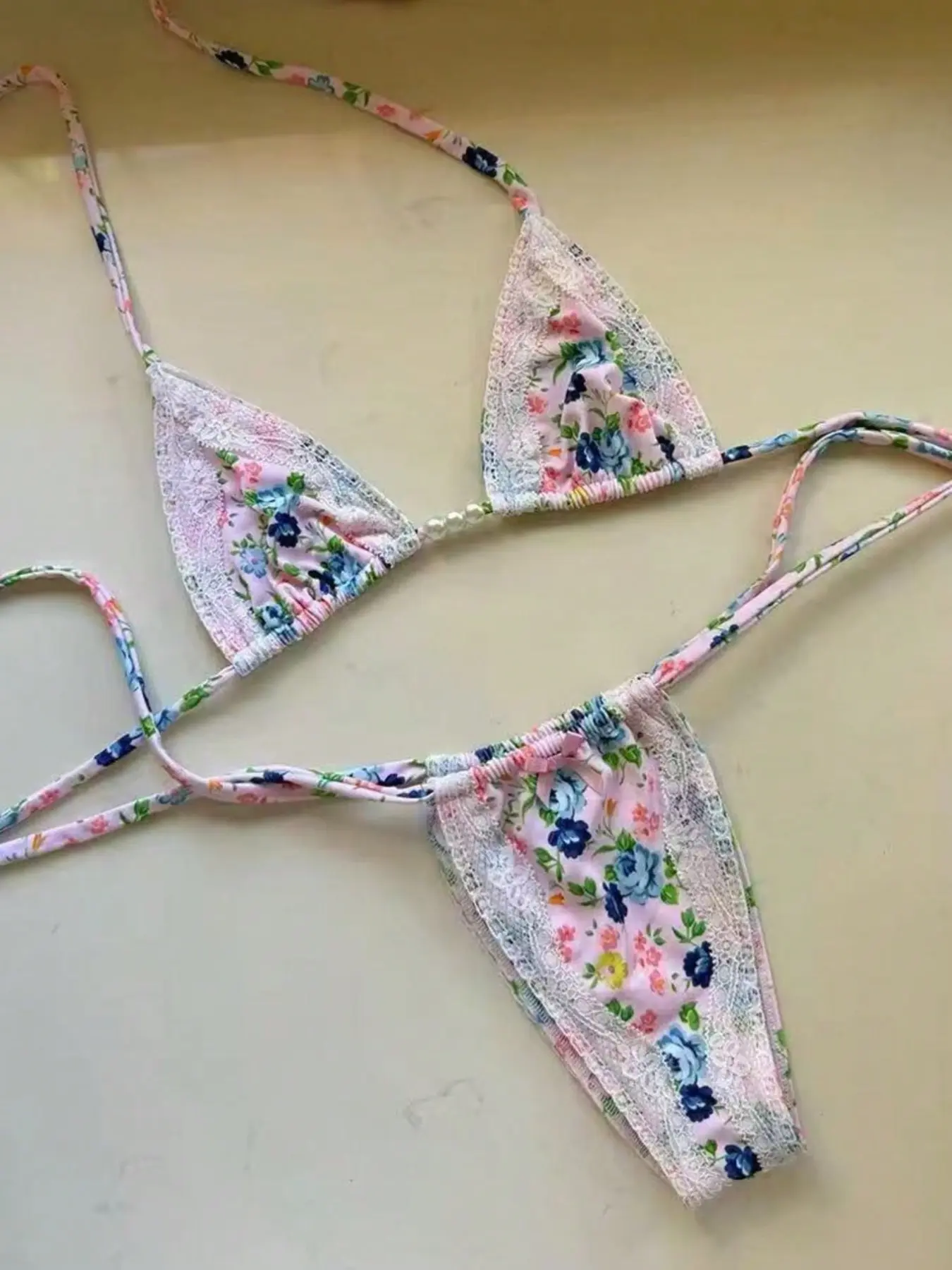 Women's Floral Lace Halter Bikini Set, Sweet Girl Style Tie-Back Sexy Two-Piece Swimsuit, Beach Summer Spring 2026