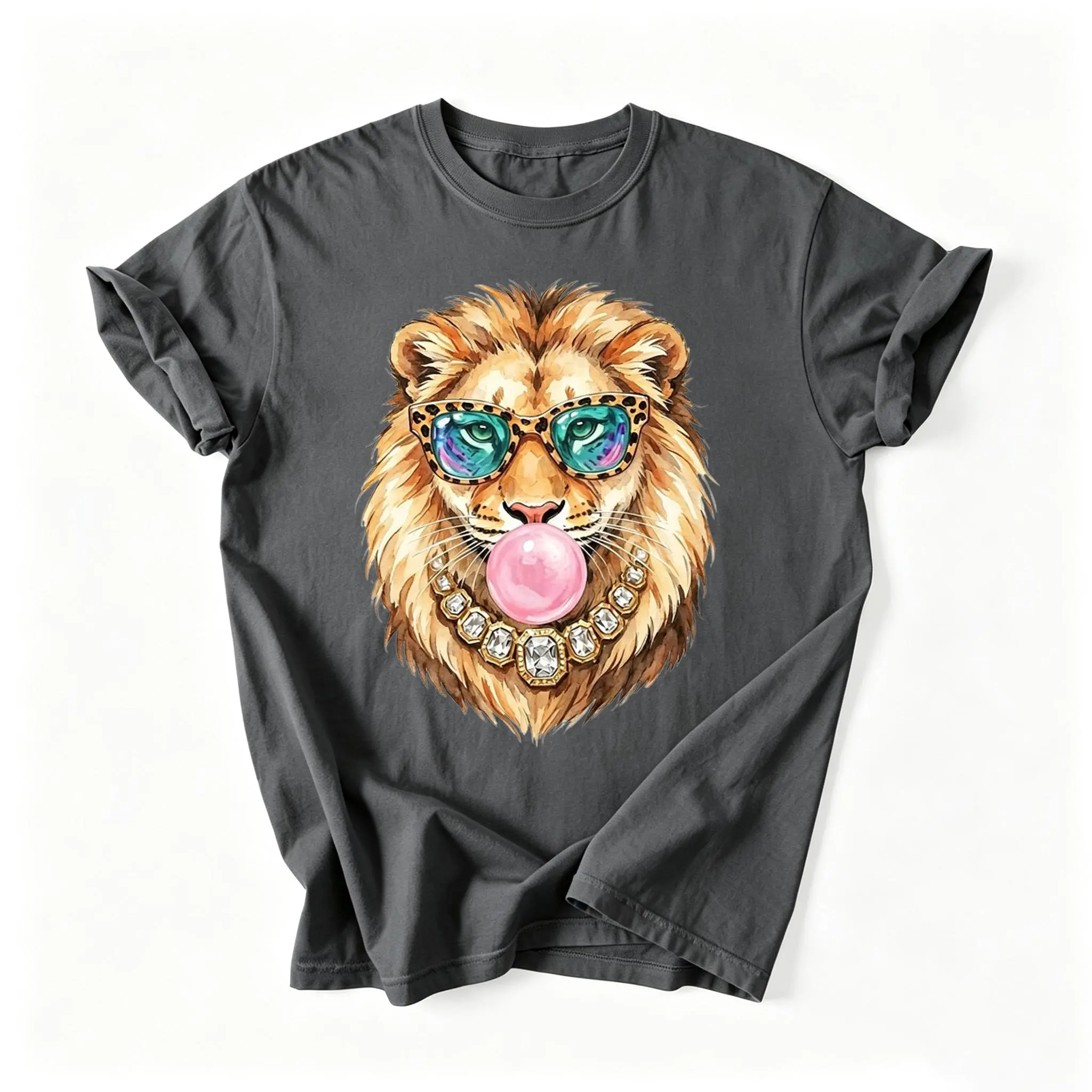 Retro Lion Graphic T-Shirt for Men Women, Unisex Watercolor Streetwear Top with Bubblegum Lion Print, Loose Fit Casual Shortsleeve Crew Neck, Birthday Gift, Sweatpants, Tshirt