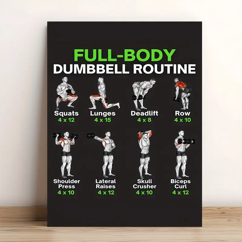 Full Body Dumbbell Workout Guide Canvas Art - Wall Decor, Includes 4-Quadrant Exercise Charts (Squats, Forearm Curls, Chest Training, Shoulder Training) - Home Gym Decoration, Suitable for Bedroom, Living Room - Ideal Gift for Fitness Enthusiasts, 2D Desi