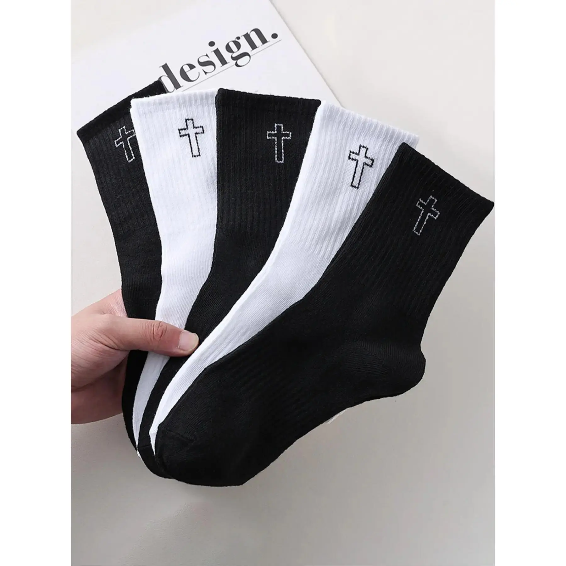 5 Pairs Unisex Cross Stitch Knit Mid-Calf Socks, Warm Casual Sports Socks, Soft Comfortable Fashion, Sports Athletic Socks, Sporty Track Socks, Sock Sets, All Season Socks