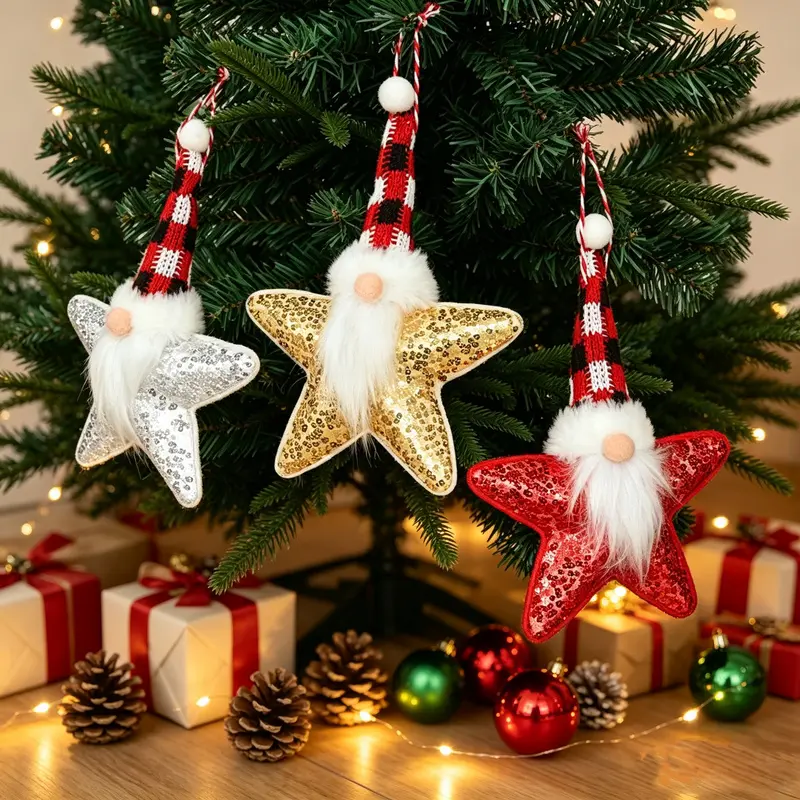 1 piece of cartoon five-pointed star sequin Christmas elf ornament in a childlike style, soft plush, easy to hang and store, suitable for home, outdoor, and mall Christmas tree decorations, and as a reward gift for children
